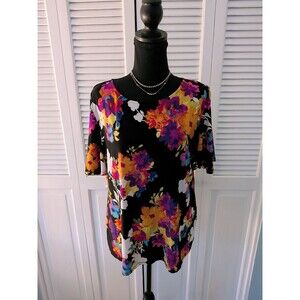 Anne Klein Top Women's L Black Pink Multi Floral Flutter Sleeve Stretch Blouse